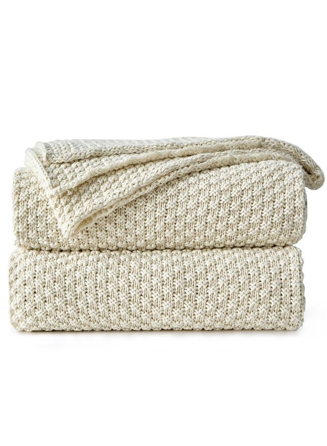 Longhui bedding Cream Knitted Throw Blanket for Couch, Soft, Cozy Machine Washable 100% Cotton Sofa Knit Blankets, Heavy 3.0lb Weight, 51 x 63 Inches, Beige Color - Image 1