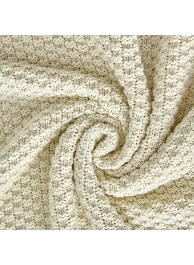 Longhui bedding Cream Knitted Throw Blanket for Couch, Soft, Cozy Machine Washable 100% Cotton Sofa Knit Blankets, Heavy 3.0lb Weight, 51 x 63 Inches, Beige Color - Image 4