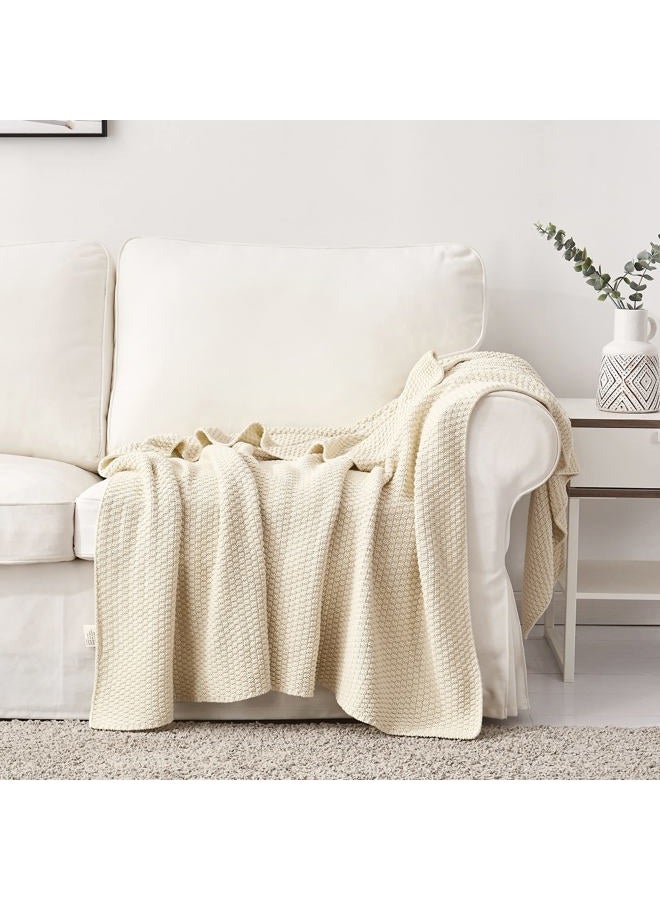 Longhui bedding Cream Knitted Throw Blanket for Couch, Soft, Cozy Machine Washable 100% Cotton Sofa Knit Blankets, Heavy 3.0lb Weight, 51 x 63 Inches, Beige Color - Image 3