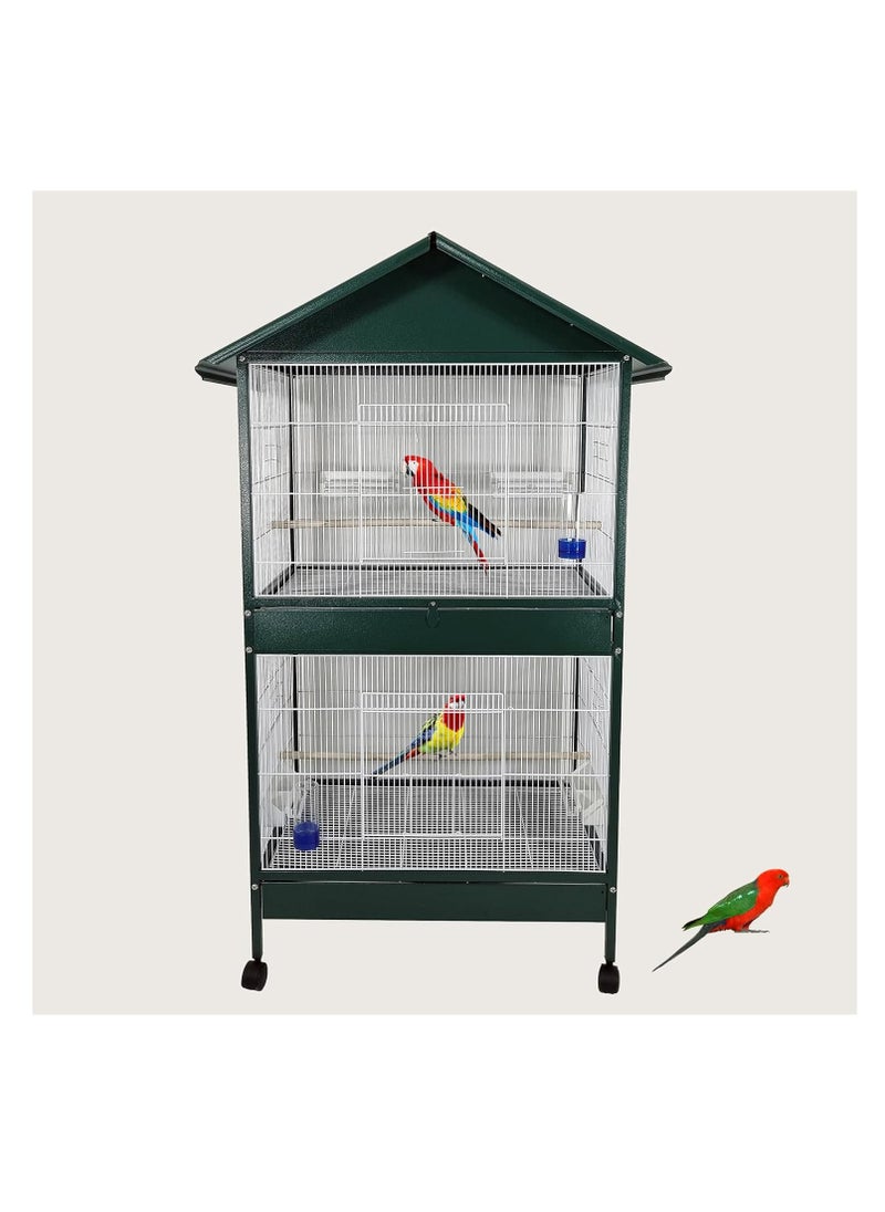 NNC PETS Bird cage, 2-layer House-roof design bird cage with Wooden perches, Plastic feeding cups, Removable tray, and Universal wheels, Durable metal wire bird cage for multi-bird household 158 cm (Green)  - Image 1