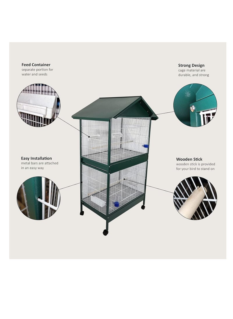 NNC PETS Bird cage, 2-layer House-roof design bird cage with Wooden perches, Plastic feeding cups, Removable tray, and Universal wheels, Durable metal wire bird cage for multi-bird household 158 cm (Green)  - Image 3
