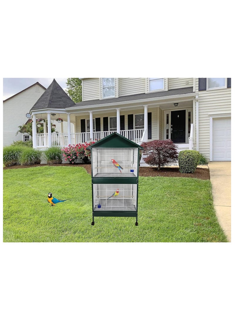 NNC PETS Bird cage, 2-layer House-roof design bird cage with Wooden perches, Plastic feeding cups, Removable tray, and Universal wheels, Durable metal wire bird cage for multi-bird household 158 cm (Green)  - Image 4