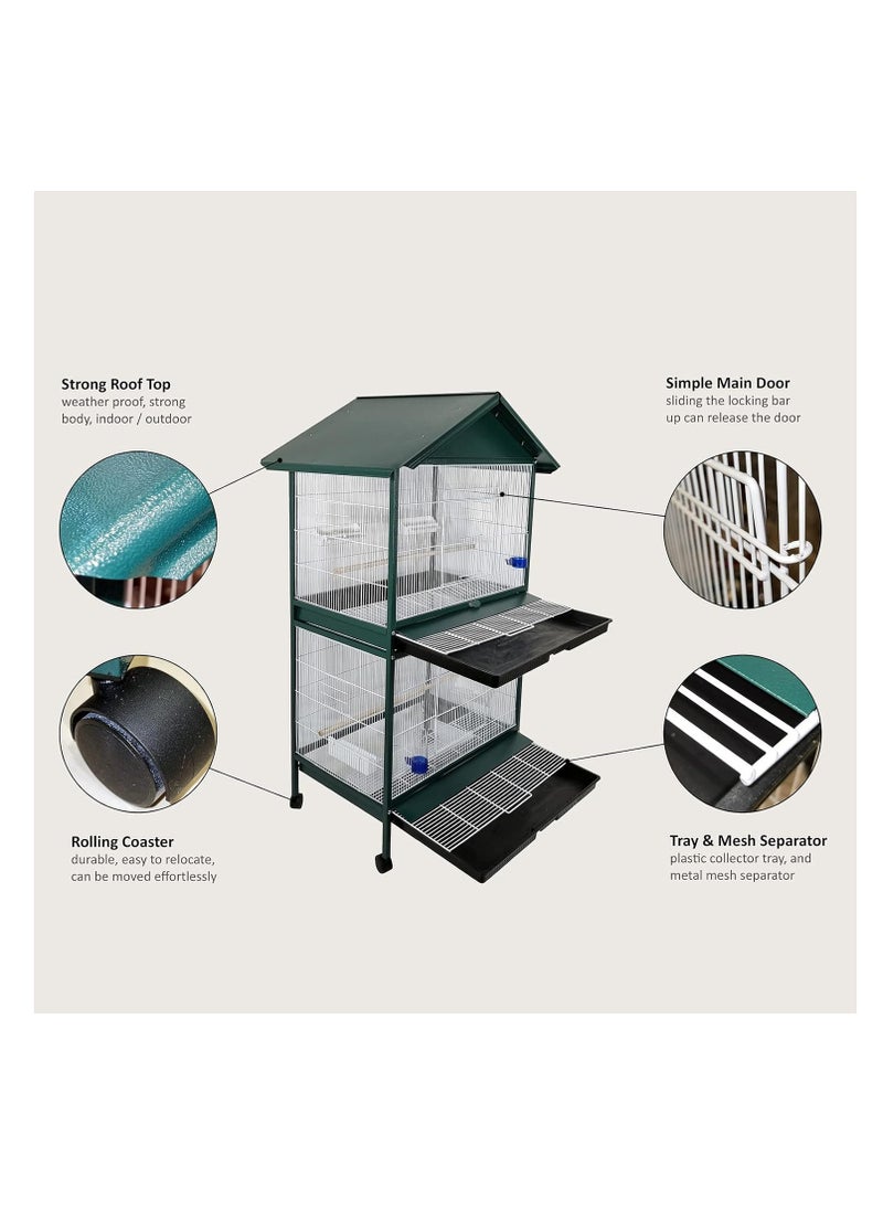 NNC PETS Bird cage, 2-layer House-roof design bird cage with Wooden perches, Plastic feeding cups, Removable tray, and Universal wheels, Durable metal wire bird cage for multi-bird household 158 cm (Green)  - Image 5