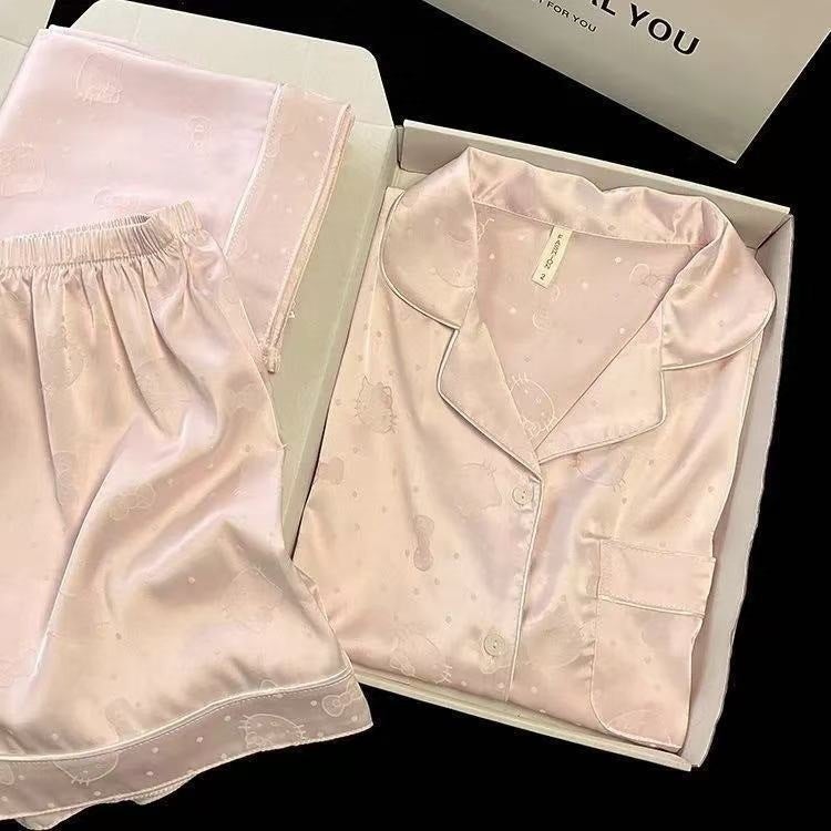 Ice Silk Pajama Set for Women Summer 2026 New Hello Kitty Short Sleeve 3-Piece - Image 4