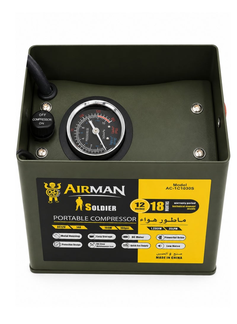 ايرمان ضاغط هواء محمول AIRMAN Soldier (طراز AC-1C1030S) - مضخة هواء معدنية بجهد 12 فولت، قدرة 160 واط، ضغط 100 PSI، ومعدل تدفق 35 لتر/دقيقة؛ جهاز قوي للخدمة الشاقة يعمل بتيار مستمر (DC) ومزود بمقياس ضغط، مناسب للسيارات وسيارات الدفع الرباعي والدراجات النارية والكرات والمعدات القابلة للنفخ، ويشمل 3 فوهات وصمام أمان (فيوز). - Image 4