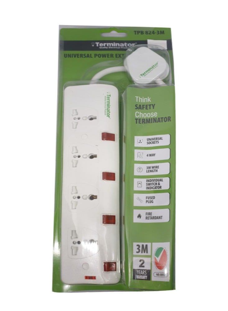 Terminator Universal Power Extension 4 Way Sockets 3Meter Cable - Image 1