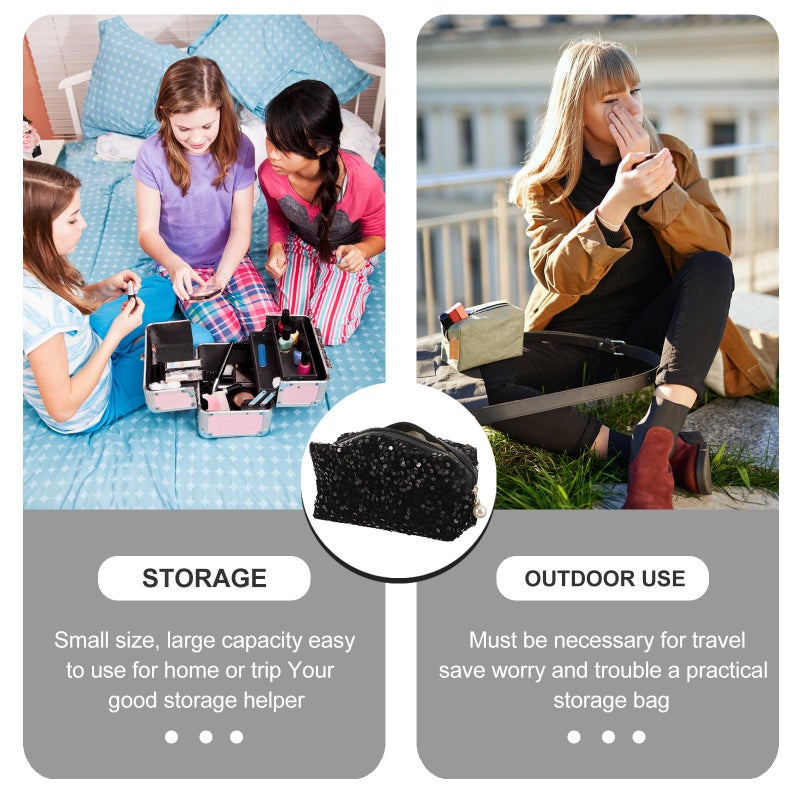 Large Capacity Square Sequin Makeup Bag Black Zipper Cosmetic Organizer Travel Toiletry Storage - Image 4