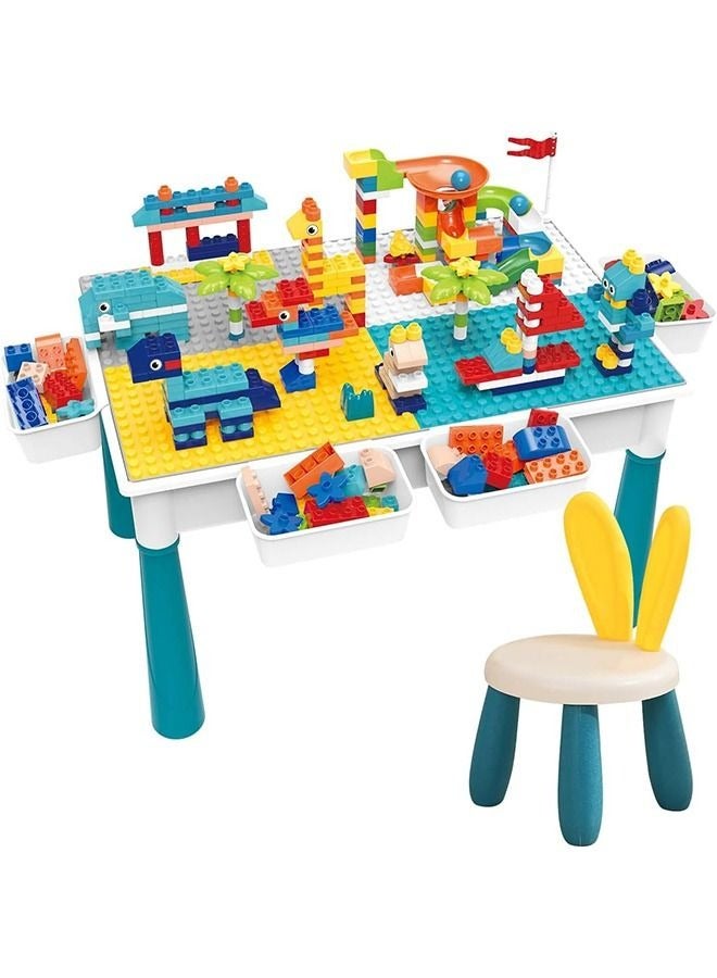 7-in-1 children's building block table and chair set, with 4 storage compartments and adjustable legs, 502 building block toys for children to eat, play, learn, water and sand table (left) - Image 1
