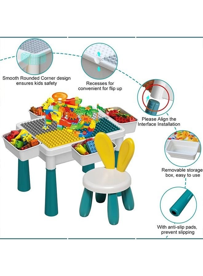 7-in-1 children's building block table and chair set, with 4 storage compartments and adjustable legs, 502 building block toys for children to eat, play, learn, water and sand table (left) - Image 3