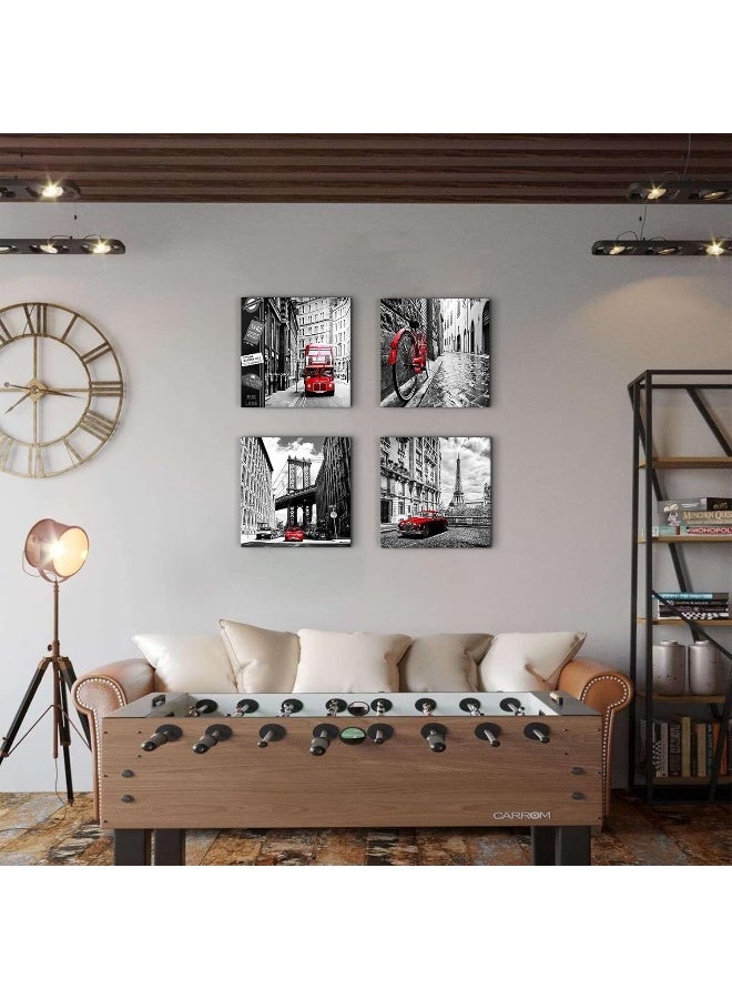 sunfrower Black and White Wall Art Cityscape Pictures Modern Framed Wall Decor for Bedroom Bathroom Red City New York London Italy Paris Canvas Artworks Living Room Office Kitchen Home Decorations 16×16" 4 Pcs - Image 3