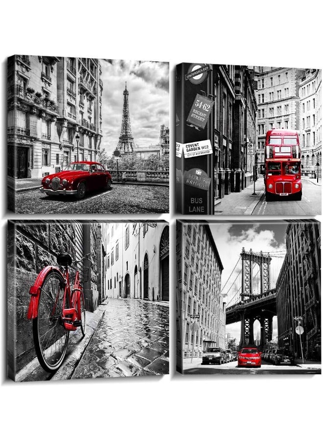 sunfrower Black and White Wall Art Cityscape Pictures Modern Framed Wall Decor for Bedroom Bathroom Red City New York London Italy Paris Canvas Artworks Living Room Office Kitchen Home Decorations 16×16" 4 Pcs - Image 1