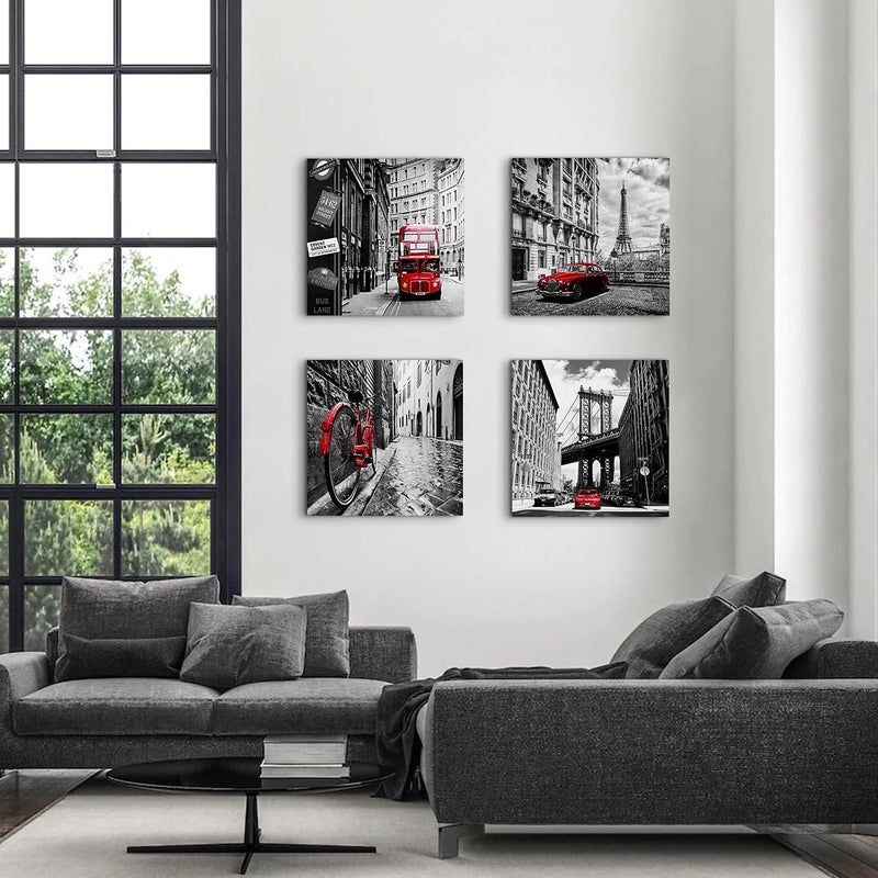 sunfrower Black and White Wall Art Cityscape Pictures Modern Framed Wall Decor for Bedroom Bathroom Red City New York London Italy Paris Canvas Artworks Living Room Office Kitchen Home Decorations 16×16" 4 Pcs - Image 5