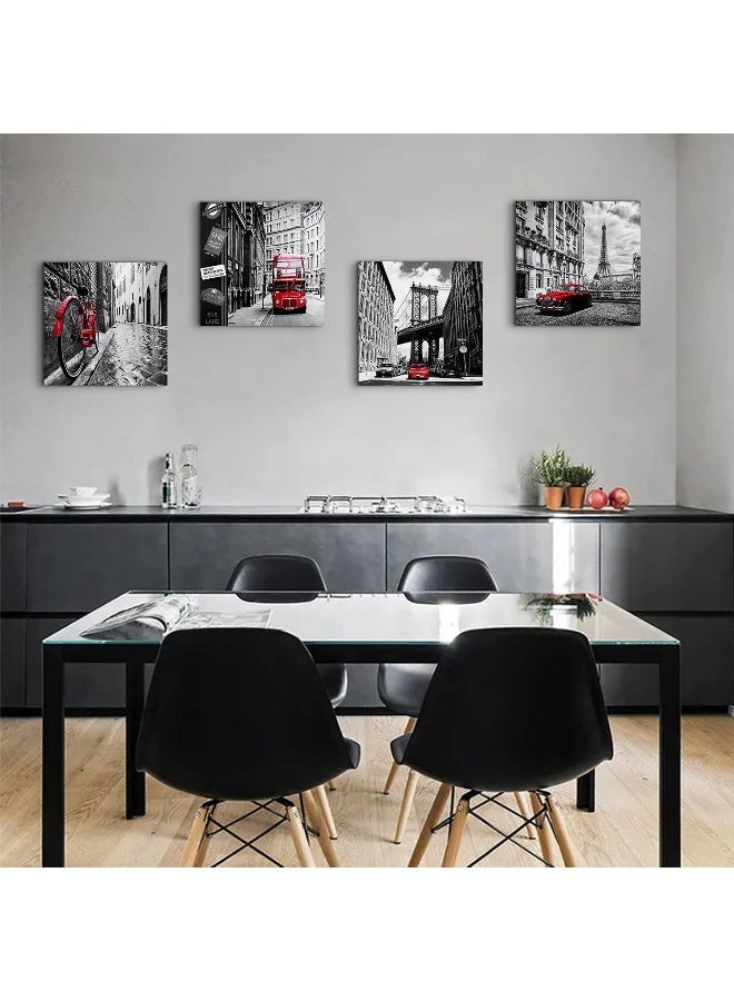 sunfrower Black and White Wall Art Cityscape Pictures Modern Framed Wall Decor for Bedroom Bathroom Red City New York London Italy Paris Canvas Artworks Living Room Office Kitchen Home Decorations 16×16" 4 Pcs - Image 4