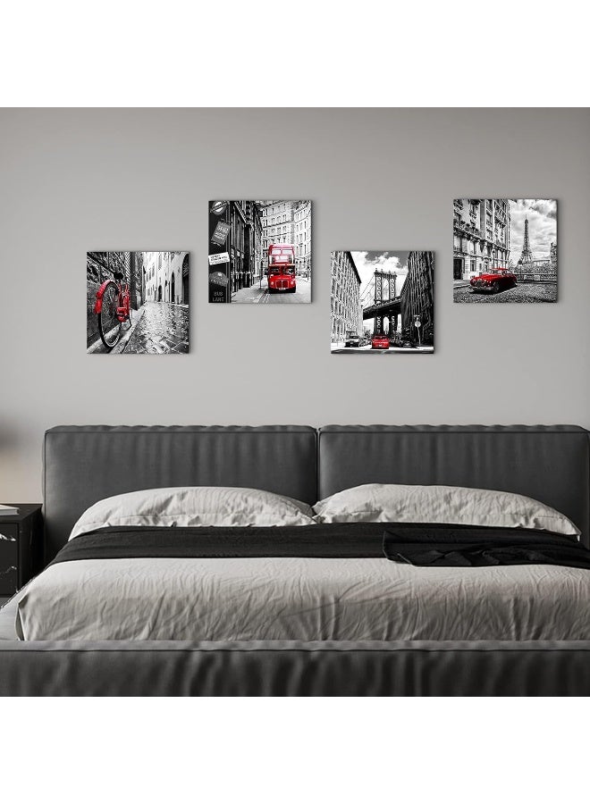 sunfrower Black and White Wall Art Cityscape Pictures Modern Framed Wall Decor for Bedroom Bathroom Red City New York London Italy Paris Canvas Artworks Living Room Office Kitchen Home Decorations 16×16" 4 Pcs - Image 2