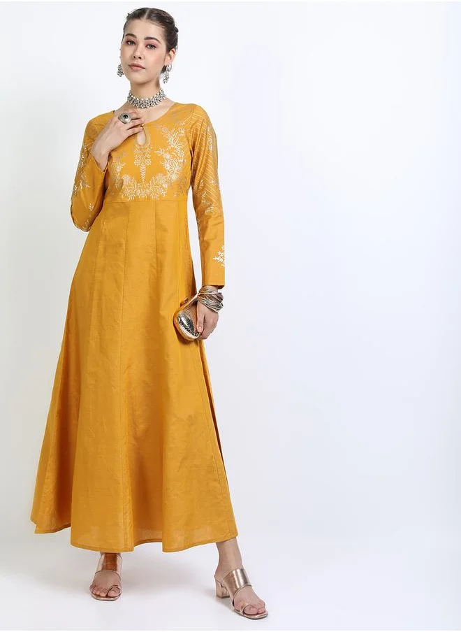 Vishudh Floral Foil Print A-Line Maxi Dress by Styli