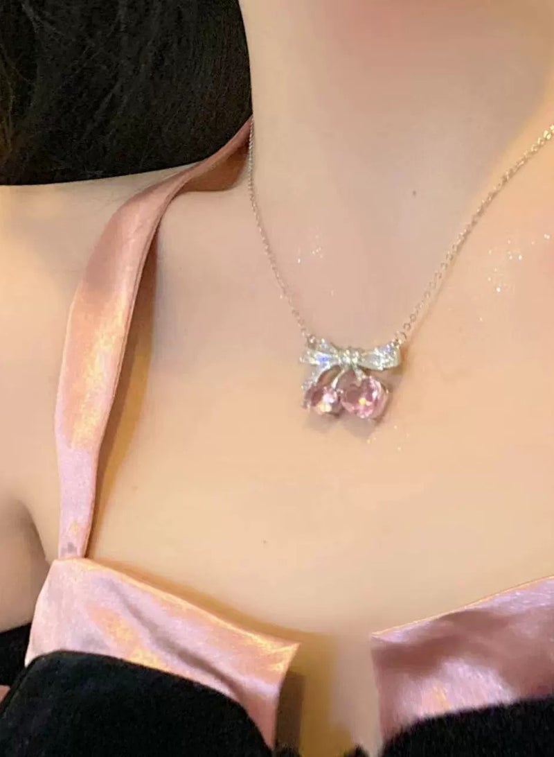 Goolsky Pink Cherry Bow Jewelry Set – Micro-Pave Zircon Ring, Earrings & Necklace, Sweet & Cool Feminine Aesthetic - Image 1