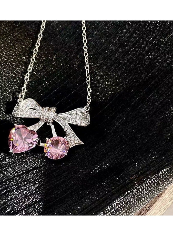 Goolsky Pink Cherry Bow Jewelry Set – Micro-Pave Zircon Ring, Earrings & Necklace, Sweet & Cool Feminine Aesthetic - Image 2
