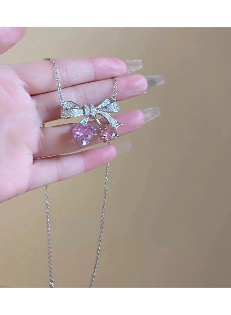 Goolsky Pink Cherry Bow Jewelry Set – Micro-Pave Zircon Ring, Earrings & Necklace, Sweet & Cool Feminine Aesthetic - Image 5