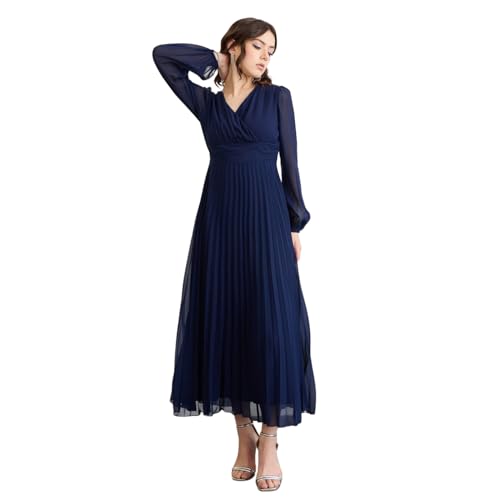 Berrylush Women Solid Navy Blue V-Neck Long Puff Sleeves Pleated Empire Maxi Dress - Image 1