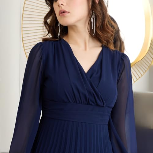 Berrylush Women Solid Navy Blue V-Neck Long Puff Sleeves Pleated Empire Maxi Dress - Image 5