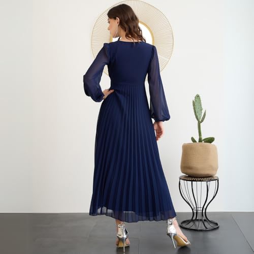 Berrylush Women Solid Navy Blue V-Neck Long Puff Sleeves Pleated Empire Maxi Dress - Image 4