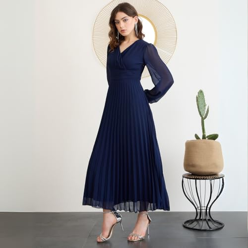 Berrylush Women Solid Navy Blue V-Neck Long Puff Sleeves Pleated Empire Maxi Dress - Image 3
