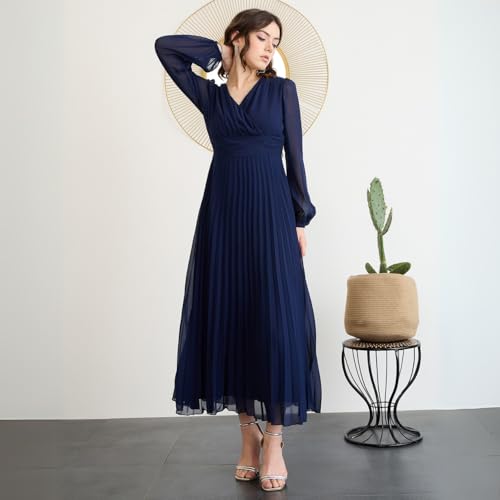 Berrylush Women Solid Navy Blue V-Neck Long Puff Sleeves Pleated Empire Maxi Dress - Image 2