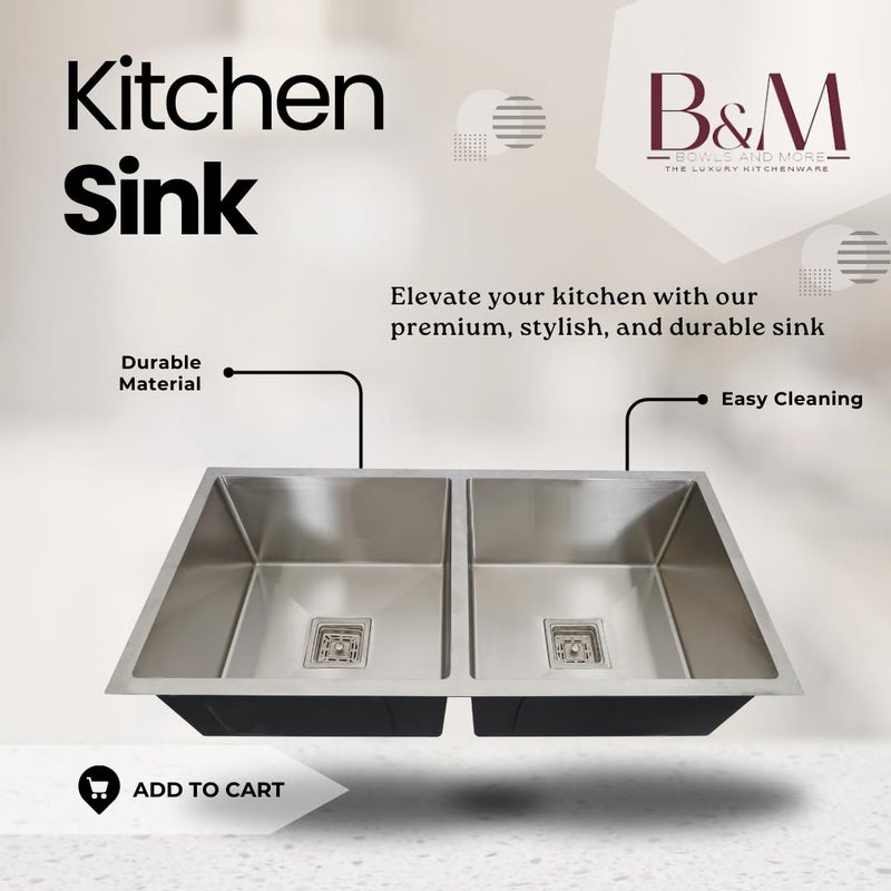 BOWLS  MORE Bowls More Double Bowl 37 X 18 X 10 Premium Handmade Kitchen Sink Sound Proof Double Bowl Stainless Stell Matt Finish SILVER - Image 3