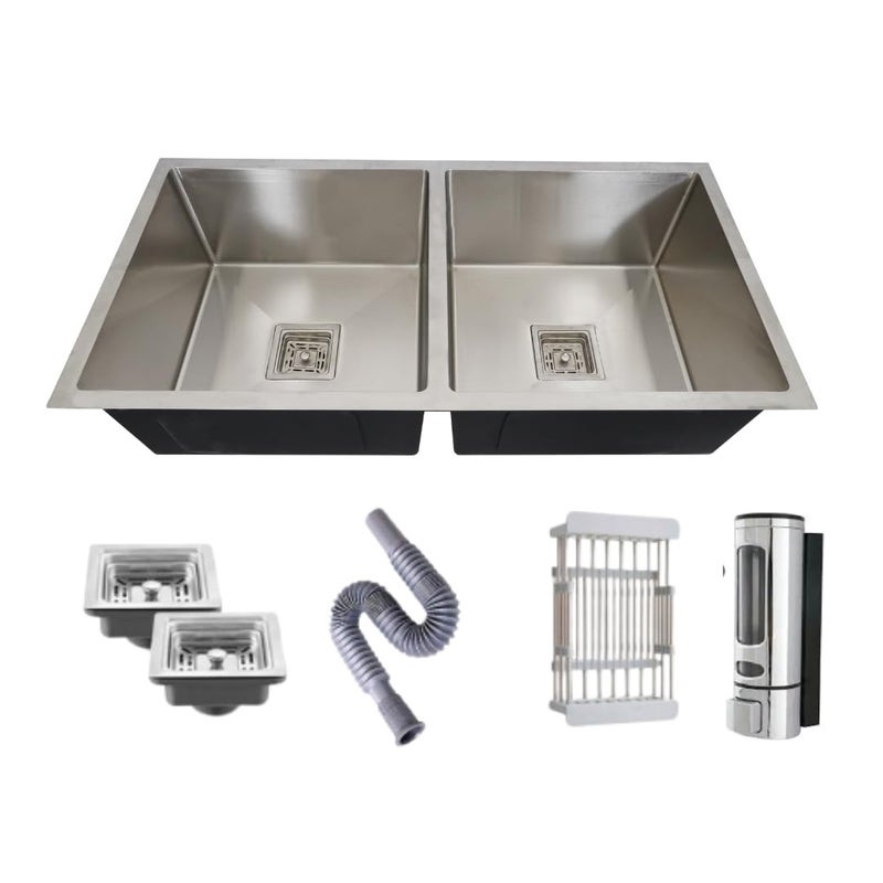 BOWLS  MORE Bowls More Double Bowl 37 X 18 X 10 Premium Handmade Kitchen Sink Sound Proof Double Bowl Stainless Stell Matt Finish SILVER - Image 2