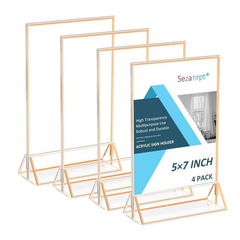 Sezanrpt Acrylic Table Numbers Wedding 5x7 Vertical 4 Pack, Gold Menu Card Holder, Clear Table Top Display - Image 1