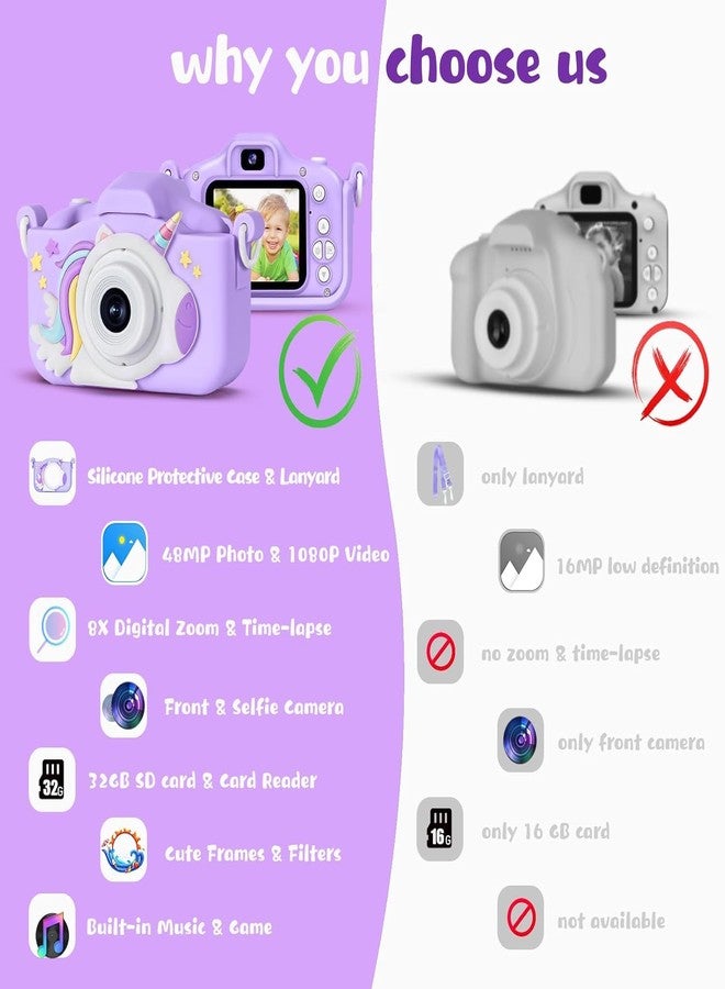 RahiGlow Upgraded 48MP Kids Camera for Girls Boys 3-12, Video Selfie Camera-Christmas Birthday Gift for Toddler, HD Digital Camera Toy for Child with 32GB SD Card & Silicone Cover (Purple) (Purple) - Image 2