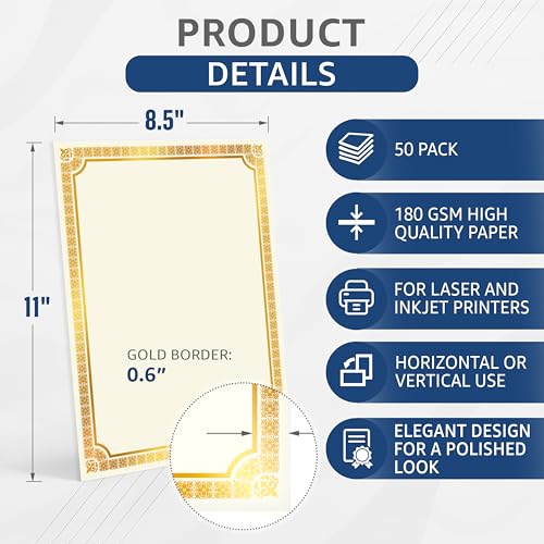 JUZARI 50 Certificate Paper 8.5 x 11 for Printing - Blank Certificate Papers for Award Certificates & Diploma Paper - Premium Gold Foil Award Papers Cardstock for Awards & Certificates Graduation - Image 2