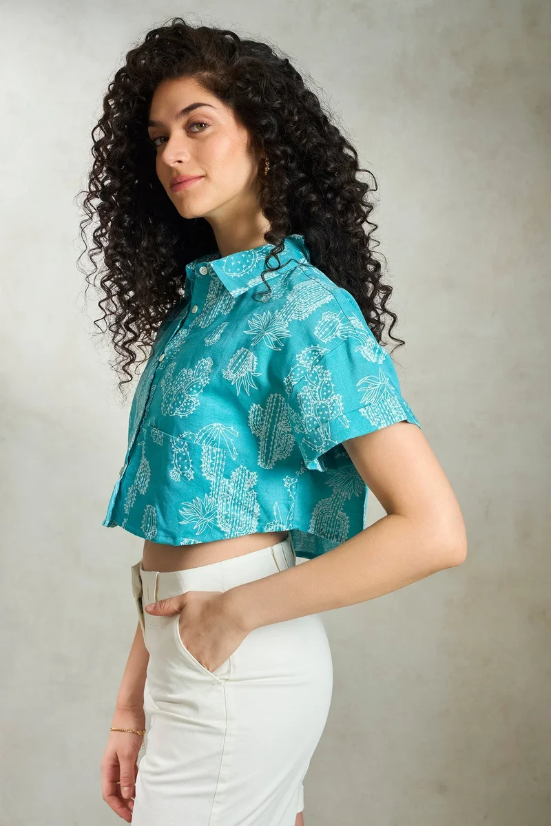 Virgio  Printed Linen Printed Crop Boxy Shirt for Women for Women | Best Price UAE