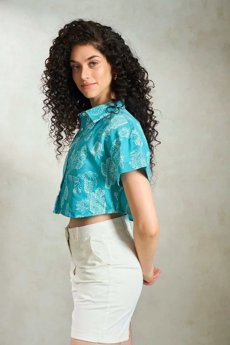 Virgio  Printed Linen Printed Crop Boxy Shirt for Women for Women | Best Price UAE