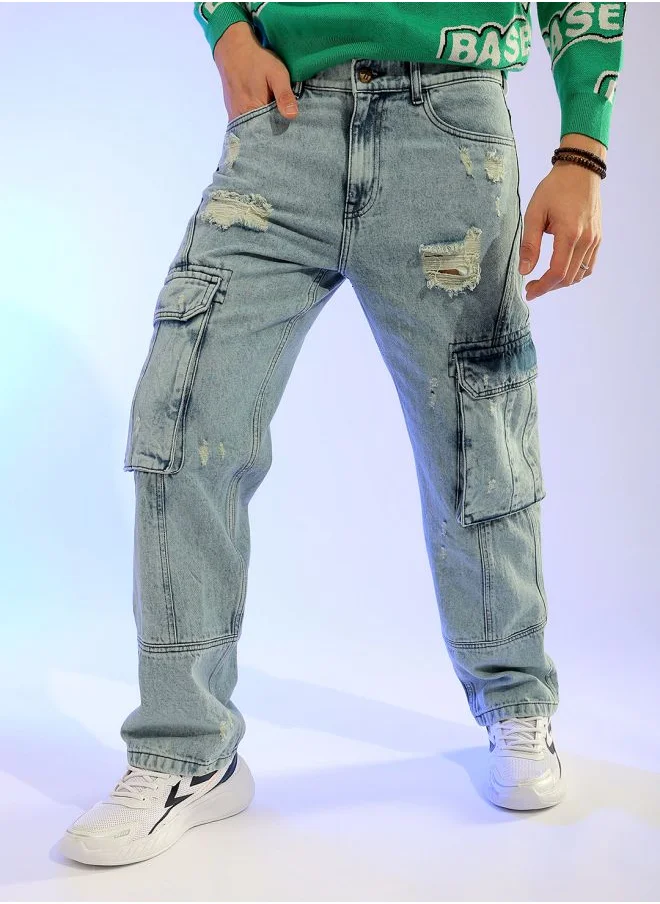 The Indian Garage Co Men Relaxed Fit Distressed Mid-Rise Cargo Denim