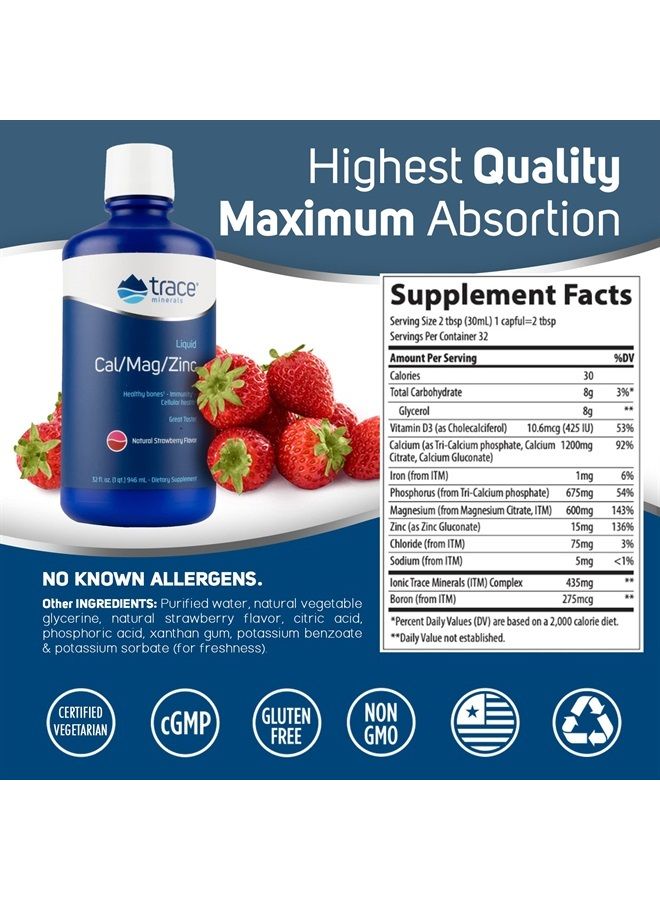Trace Minerals Liquid Cal/Mag/Zinc | Calcium, Magnesium, Zinc, Vitamin D3 | Dietary Supplement Supports Tissue, Muscle, and Bone Density | Natural Strawberry Flavor | 64 Servings, 32 fl oz. - Image 3