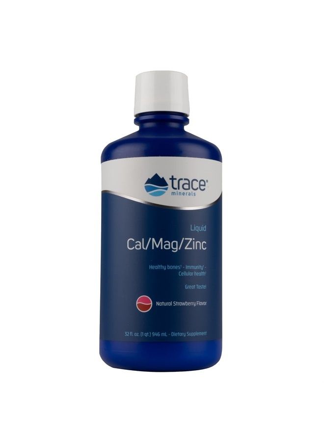 Trace Minerals Liquid Cal/Mag/Zinc | Calcium, Magnesium, Zinc, Vitamin D3 | Dietary Supplement Supports Tissue, Muscle, and Bone Density | Natural Strawberry Flavor | 64 Servings, 32 fl oz. - Image 1