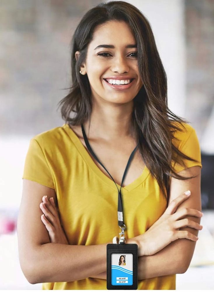 XiuWoo Office Badge Holder, Vertical PU Leather ID Card Holder with 1 Clear Window, Detachable Neck Lanyard Strap, Retractable Reel Holders Set and Pen Case - Image 4