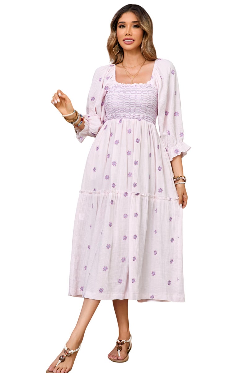 R.Vivimos Women's Long Sleeve Cotton Boho Midi Dress Vintage Square Neck Floral Embroidered Tiered Ruffle Flowy Pockets Dress (Medium, Light Pink) - Image 4