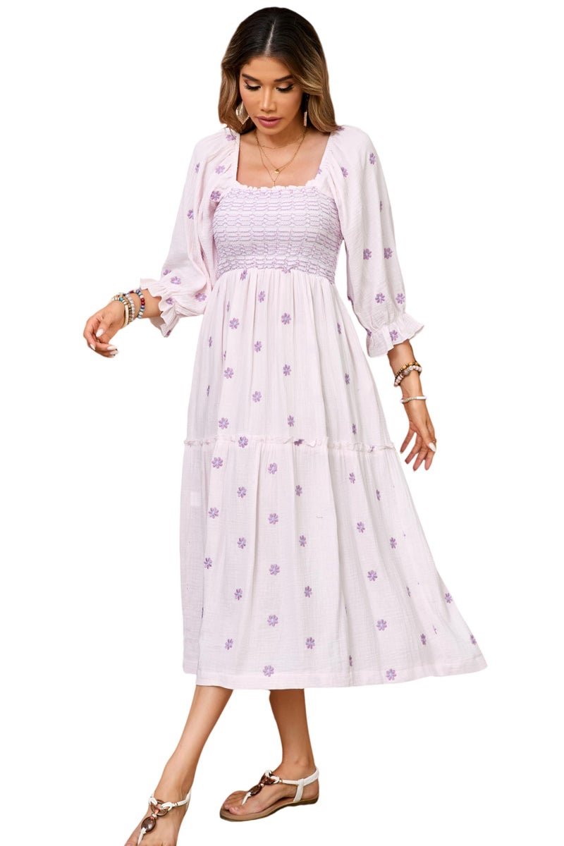 R.Vivimos Women's Long Sleeve Cotton Boho Midi Dress Vintage Square Neck Floral Embroidered Tiered Ruffle Flowy Pockets Dress (Medium, Light Pink) - Image 2