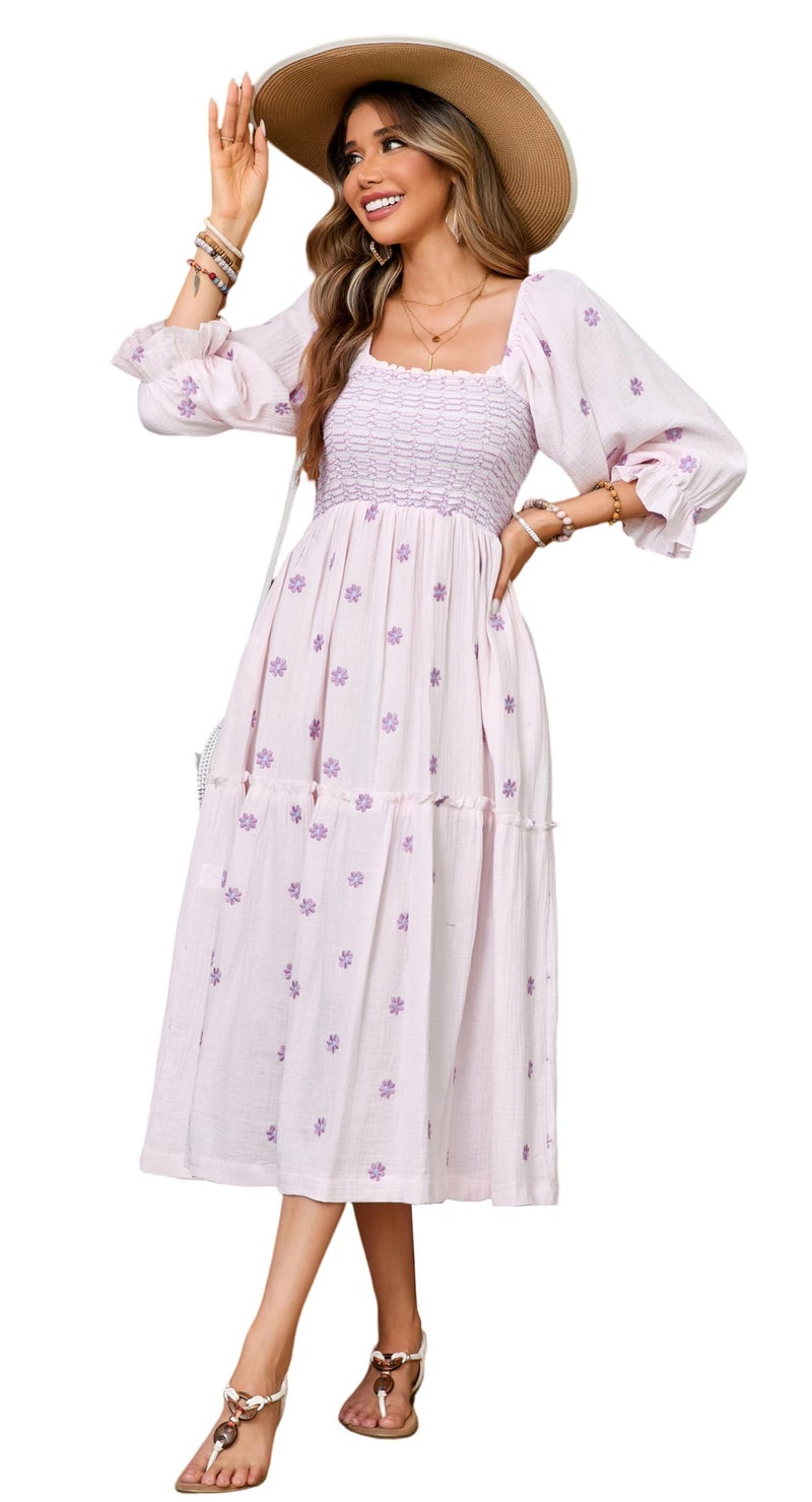 R.Vivimos Women's Long Sleeve Cotton Boho Midi Dress Vintage Square Neck Floral Embroidered Tiered Ruffle Flowy Pockets Dress (Medium, Light Pink) - Image 1