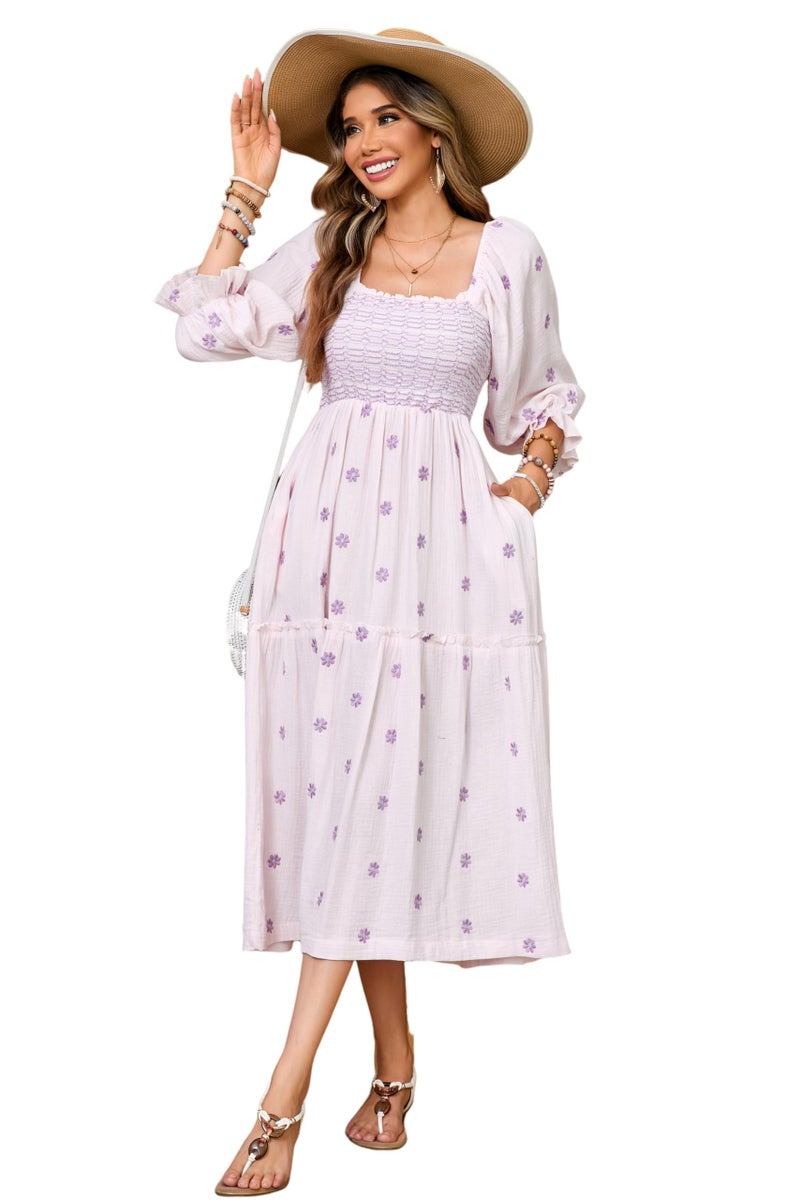 R.Vivimos Women's Long Sleeve Cotton Boho Midi Dress Vintage Square Neck Floral Embroidered Tiered Ruffle Flowy Pockets Dress (Medium, Light Pink) - Image 3
