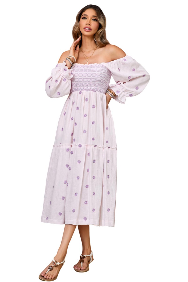 R.Vivimos Women's Long Sleeve Cotton Boho Midi Dress Vintage Square Neck Floral Embroidered Tiered Ruffle Flowy Pockets Dress (Medium, Light Pink) - Image 5