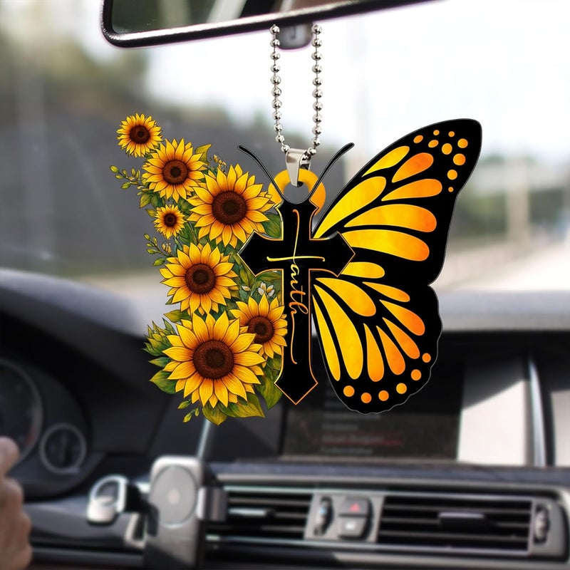 Talataca God Faith Sunflower Butterfly Jesus Cross Car Ornament - Image 1