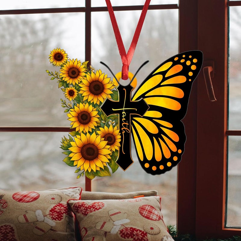 Talataca God Faith Sunflower Butterfly Jesus Cross Car Ornament - Image 4
