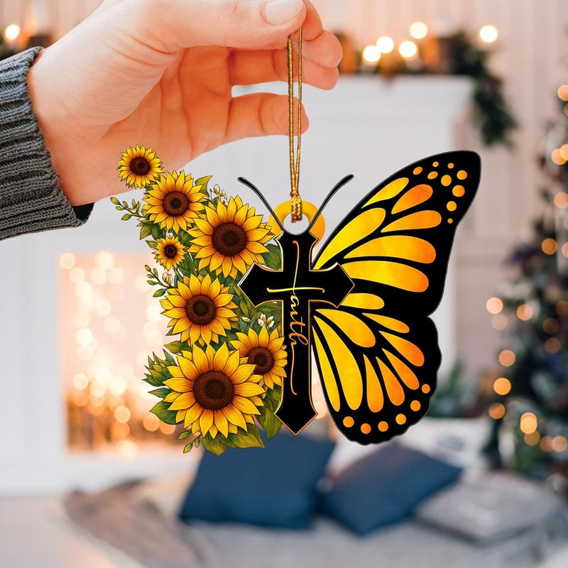 Talataca God Faith Sunflower Butterfly Jesus Cross Car Ornament - Image 3