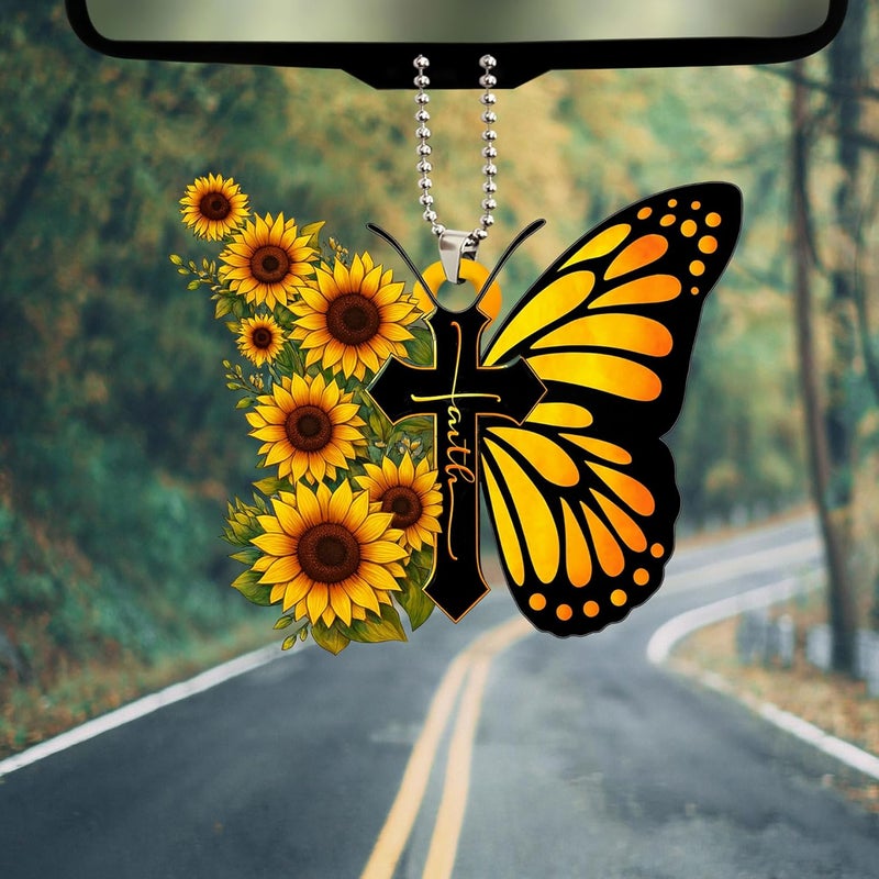 Talataca God Faith Sunflower Butterfly Jesus Cross Car Ornament - Image 5