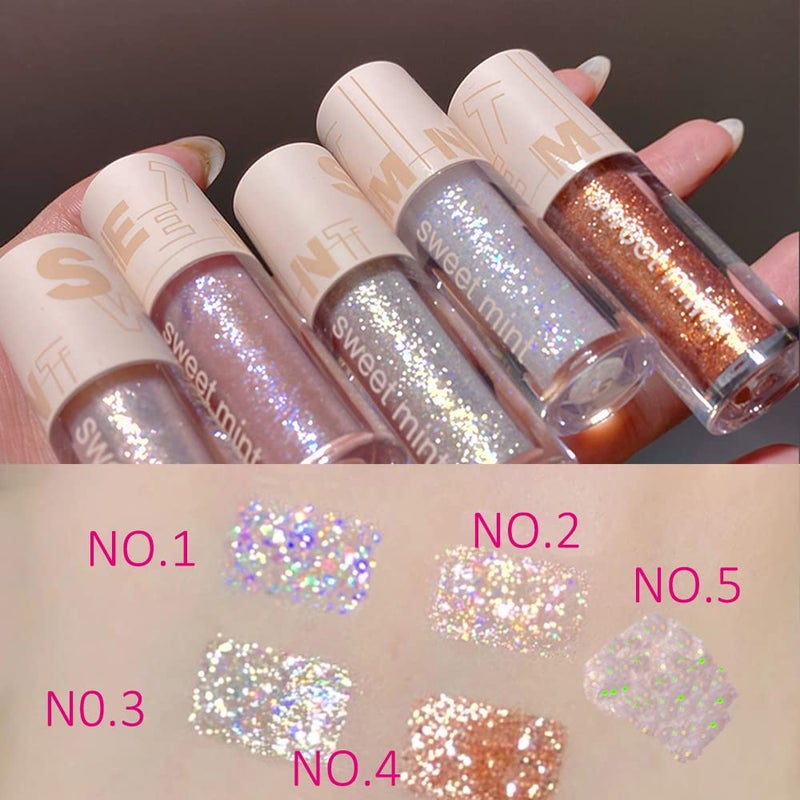 Aolailiya 5pcs Liquid Glitter Eyeshadow set- Sparkling Metallic High Pigmented Glitter Eye Shadow Korean Crystals Makeup, Quick Drying Long Lasting Creates High-Impact Multi Dimensional Eye Looks - Image 2