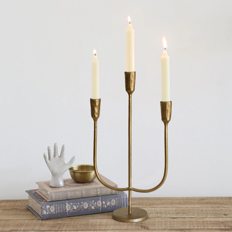 SUJUN 3-Candle Cast Iron Metal Candelabra Candlestick Holders 15 inch Tall Candle Holder Wedding Event Candelabra Candle Stand Brass Gold - Image 3