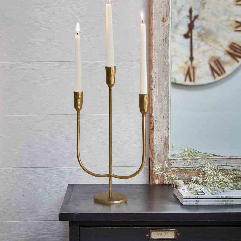SUJUN 3-Candle Cast Iron Metal Candelabra Candlestick Holders 15 inch Tall Candle Holder Wedding Event Candelabra Candle Stand Brass Gold - Image 5